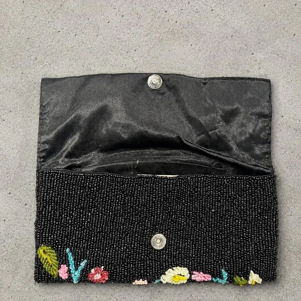 Vintage Black Beaded Floral Clutch Purse Evening Bag Boho